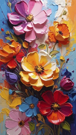 Closeup of abstract rough colorful multicolored organic floral spring flowers art painting texture,