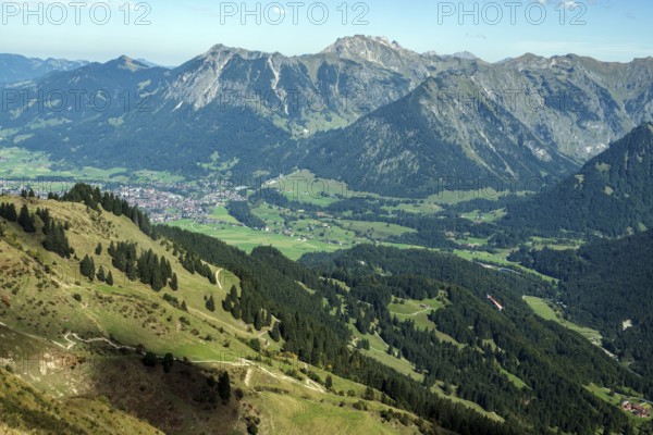 View from Söllerkopf of Oberstdorf and Illertal, behind Nebelhorn, Rubihorn and Schattenberg,