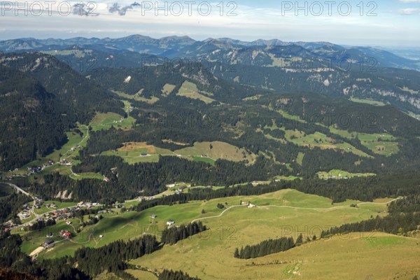 View of Riezlern and Kleinwalsertal from the Fellhorn, back mountains of the Allgäu Alps,