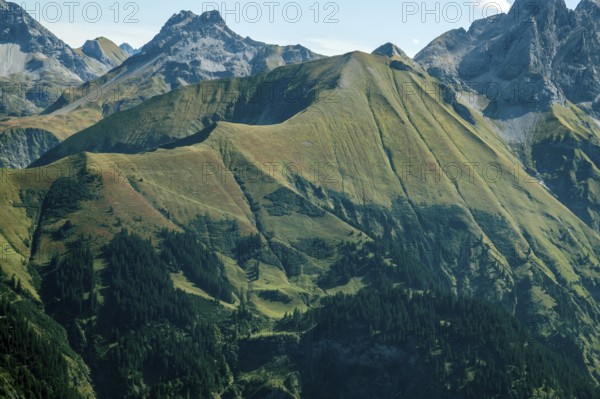 View from Fellhorn to mountains of the Allgäu Alps, Mitte Spätengundkopf, Oberstdorf, Oberallgäu,