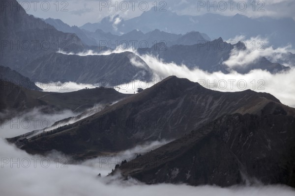 View from the Nebelhorn summit of the Allgäu Alps, in the middle of Fellhorn Horn with summit
