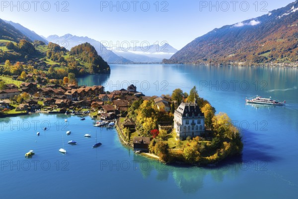 Aerial view of the village of Iseltwald on Lake Brienz in autumn, view of Seeburg Castle and course