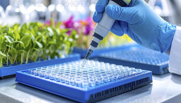 Pipetting beside trays of young plants, merging laboratory precision with agriculture, Pipette