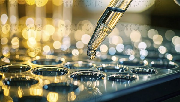 Sparkling bokeh surrounds a pipette droplet above reflective wells, Pipette dispensing a liquid