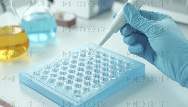 Pipette targets a blue microplate on a bright, tidy bench with colored flasks, Pipette dispensing a