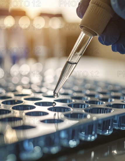 Clear reagent droplet nears blue-filled wells in warm laboratory light, controlled and calm,