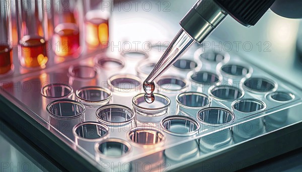 Close-up droplet poised over clear wells glowing with warm and cool lab light, Pipette dispensing a