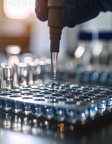 A gloved hand guides a pipette above blue-filled wells in gentle backlight, Pipette dispensing a