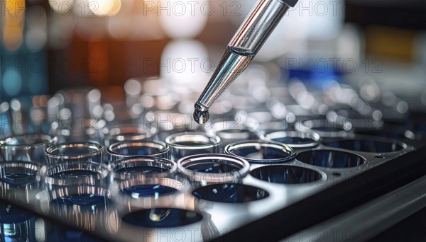 Shiny pipette tip releases a droplet over a dark, reflective microplate, Pipette dispensing a