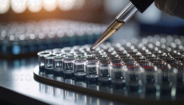 Amber droplet hovers above blue wells under warm light, careful dosing in progress, Pipette