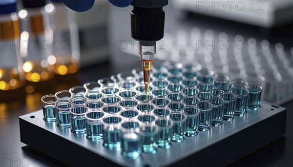 Automated pipette delivers reagent into a teal-filled 96-well plate, focused high-tech lab scene,