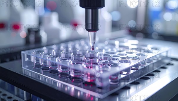 Dark red drop approaches clear wells amid cool, precise laboratory ambience, Pipette dispensing a