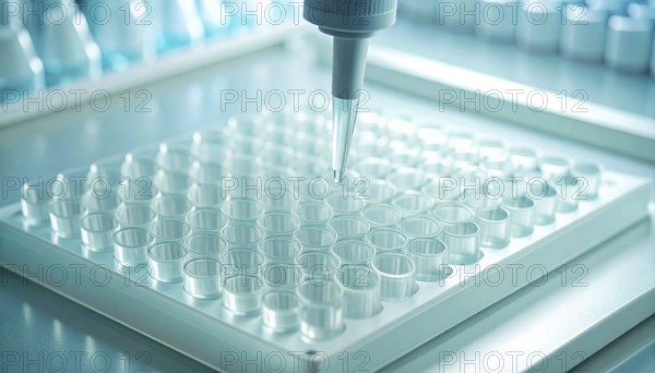 Minimal, high-key lab scene with a droplet descending toward pale mint wells, Pipette dispensing a