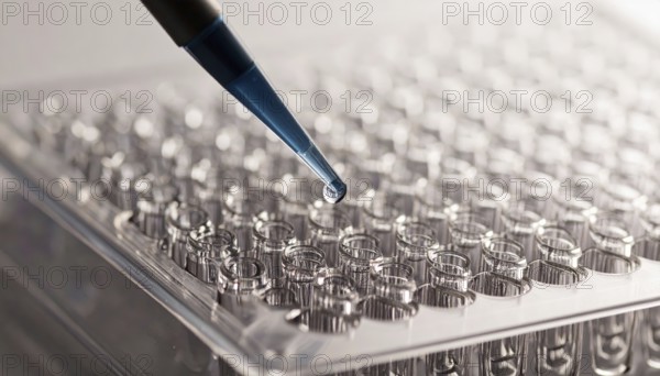 Blue reagent droplet poised above clear wells, conveying quiet precision, Pipette dispensing a