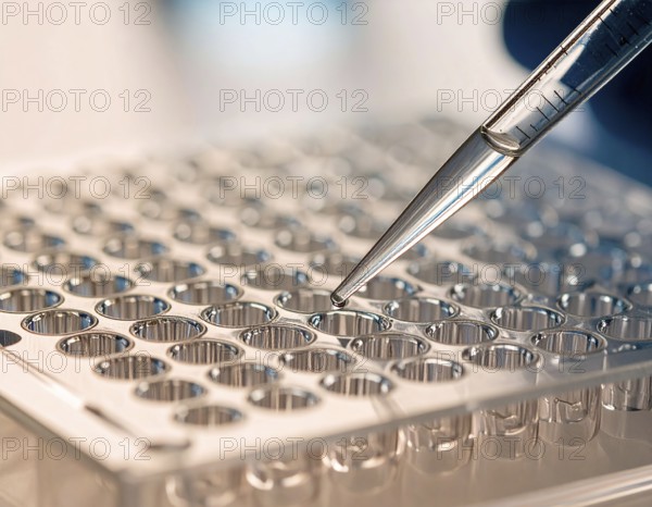 Clear pipette delivers a droplet to a transparent microplate under warm lab light, Pipette