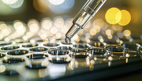 A gleaming droplet at a pipette tip above reflective microplate wells with golden bokeh, Pipette