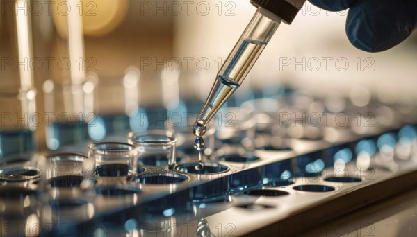 Controlled drops from a pipette feed blue reagent into a microplate under warm light, Pipette