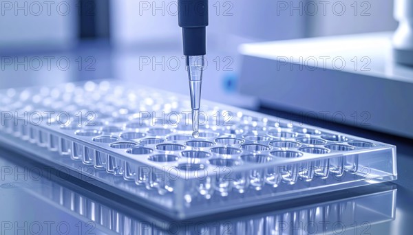 A pipette aligns over a clear 96-well plate in a clean, cool-toned laboratory, Pipette dispensing a