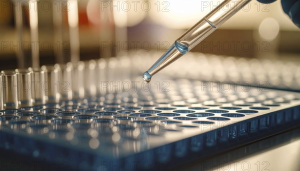 A glass pipette poised above a blue microplate amid warm, glowing lab bokeh, Pipette dispensing a