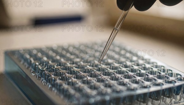 Droplet poised over a 96-well microplate, precision pipetting in a sterile lab setting, Pipette