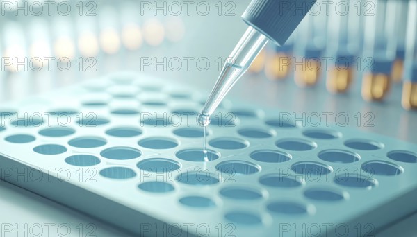 Droplet from pipette poised over teal microplate in a clean lab, Pipette dispensing a liquid onto a