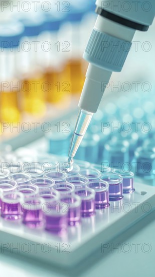 Micropipette dispenses reagent into a multicolored 96-well plate in a sterile lab, Pipette