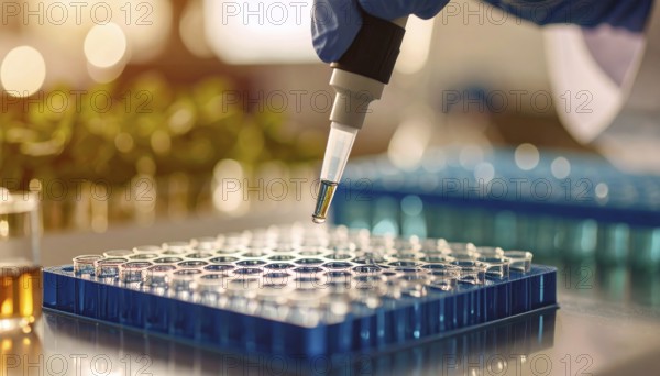 A micropipette releases a yellow sample into a blue multiwell plate under warm light with soft