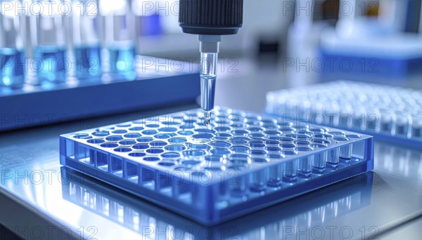 Pipette tip aligns over a blue microplate on a spotless lab bench, cool and controlled, Pipette