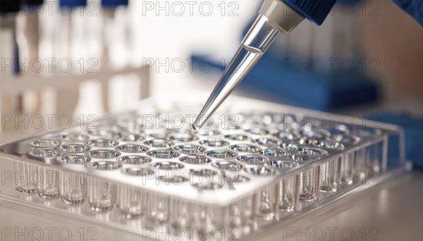 Pipette tip hovers over a clear microplate in a calm, focused lab setting, Pipette dispensing a