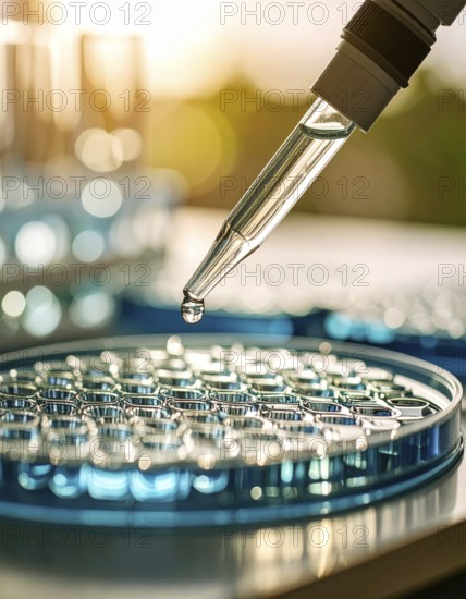 A pipette hovers over a round microplate filled with blue solution in soft golden light, Pipette