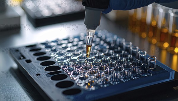 Pipette releases a droplet into a multiwell plate under cool lab light with warm highlights,