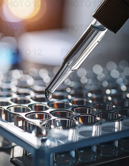 A clear droplet gathers at a pipette over a transparent microplate in softly glowing light, Pipette