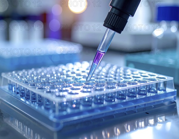 A pipette delivers a violet reagent into a blue multiwell plate on a bright, sterile bench,