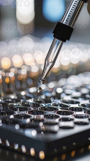 A droplet hangs midair beneath a pipette over mirror-like wells, dramatic lighting accentuating