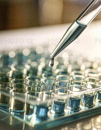 Single droplet suspended over teal-tinted wells on a microplate, Pipette dispensing a liquid onto a