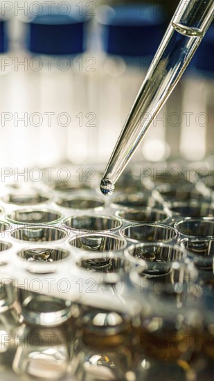 A clear droplet hangs from a pipette above shimmering wells in soft light, Pipette dispensing a