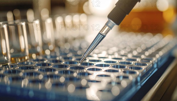 A pipette tip approaches reflective metal wells under warm lab lighting, Pipette dispensing a
