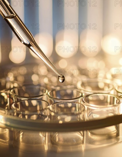 A single droplet descends from a glass pipette toward a petri dish, bathed in soft golden light for