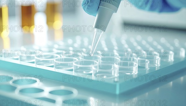 A gloved hand steadies a pipette above a clear plate in a bright, sterile lab, Pipette dispensing a