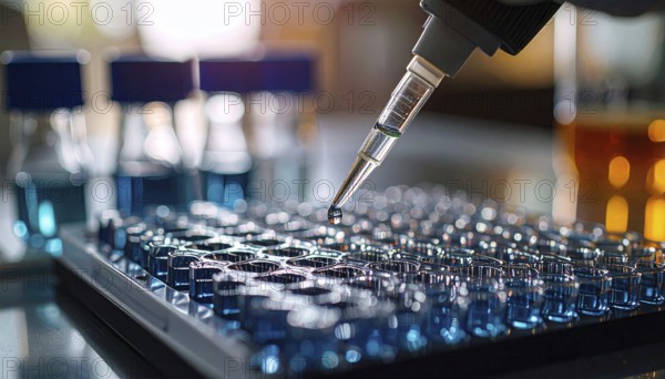A pipette hovers over a blue-filled microplate as a droplet forms in a calm, sterile lab, Pipette