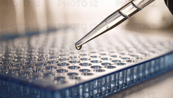 Precise droplet at pipette tip above blue microplate in sterile light, Pipette dispensing a liquid