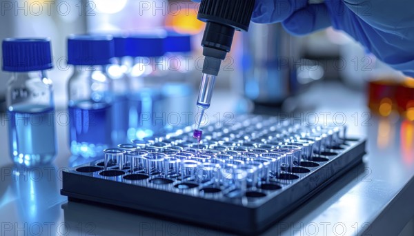 A magenta droplet from a micropipette hovers over clear microtubes amid blue lab glassware,
