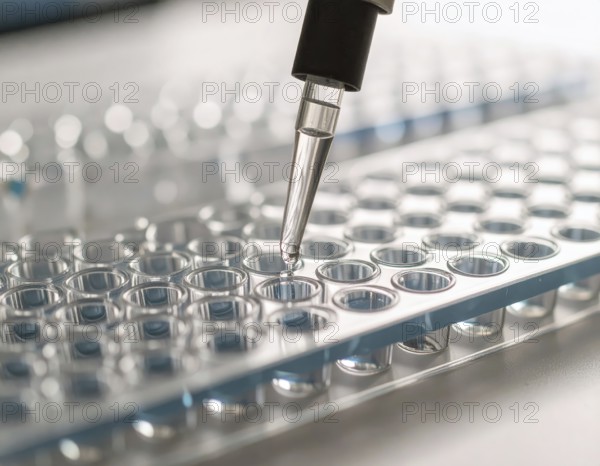 Pipette deposits a drop into a clear microplate on a bright, clean lab bench, Pipette dispensing a