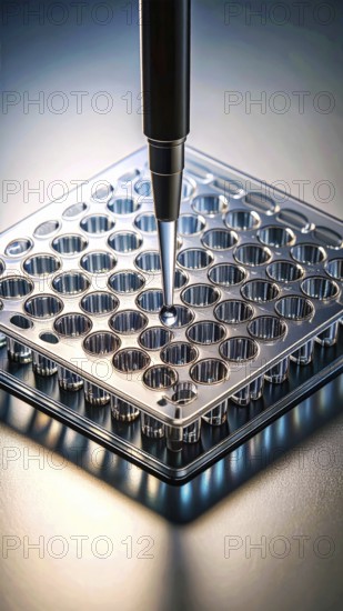 Single droplet forms at a pipette tip over a cool-toned microplate with crisp symmetry, Pipette
