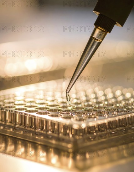 Suspended droplet from a pipette above a microplate in soft golden light, Pipette dispensing a