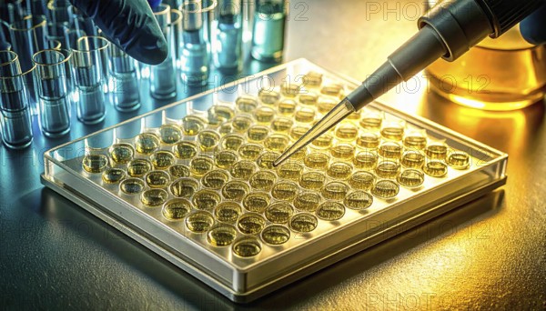 Pipette targets a golden-filled microplate beside blue vials under teal and gold light, Pipette