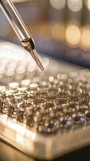 Pipette hovers over gleaming microplate wells amid a warm amber glow, Pipette dispensing a liquid