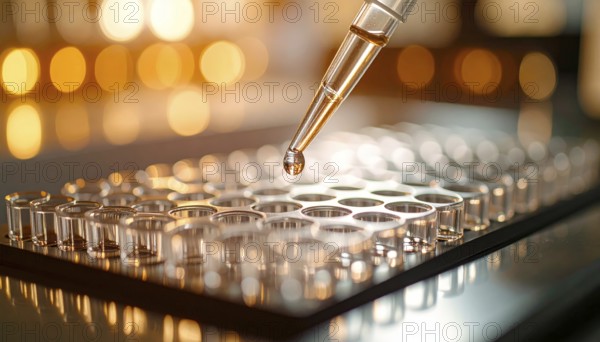 Pipette releases a droplet above a clear microplate under warm golden lab lighting, Pipette