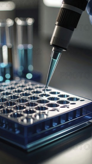 Blue-tipped pipette dispenses into a microplate under dramatic lab light, Pipette dispensing a