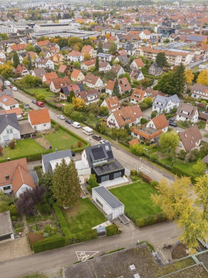 Residential area on the outskirts of town with modern and classic houses in an autumn atmosphere,